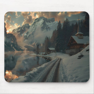 Winter scene with wooden buildings mouse mat