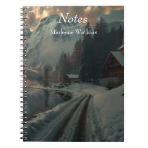 Winter scene with wooden buildings notebook