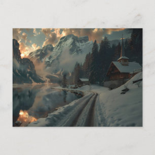 Winter scene with wooden buildings postcard
