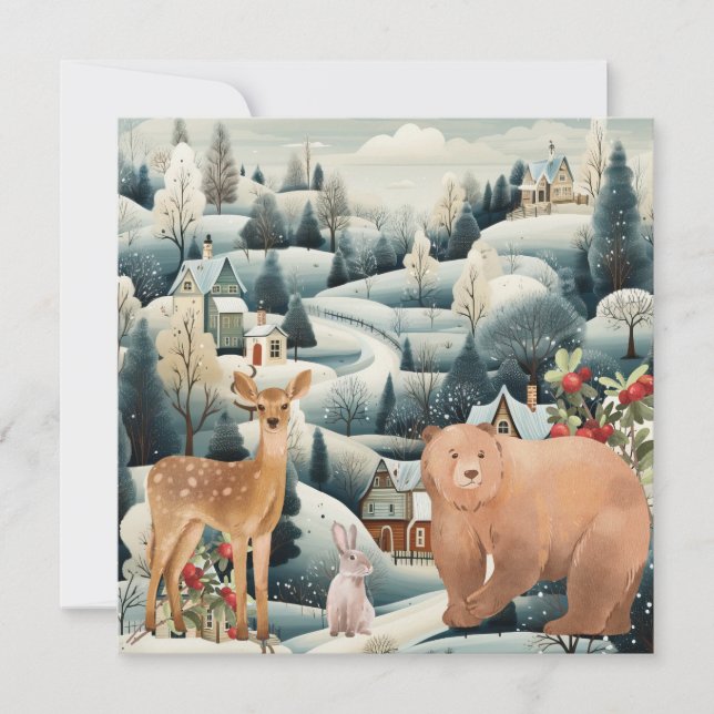 Winter Scene with Woodland Animals Christmas Flat  Holiday Card (Front)