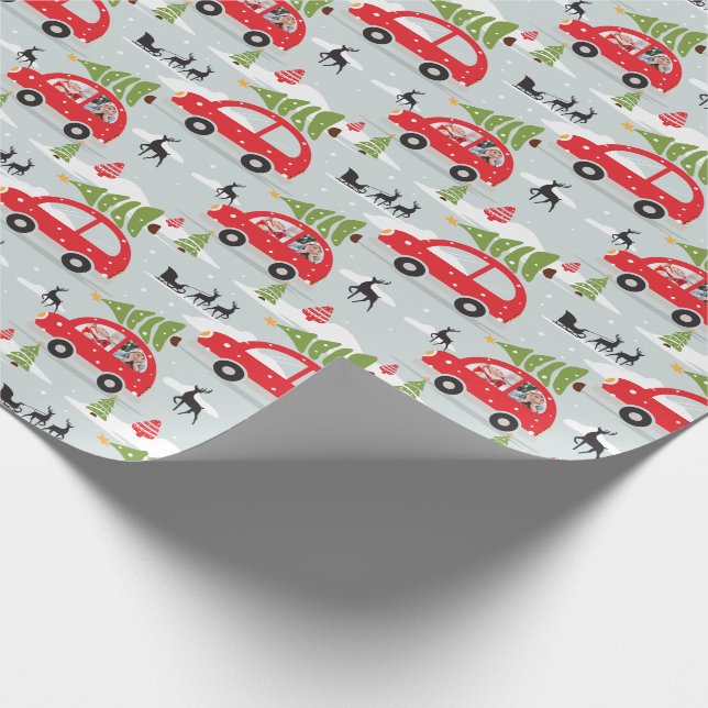Winter Scenery Christmas Tree Car Family Photo Wrapping Paper (Corner)