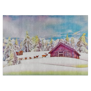 Winter Scenery Reindeer and Log Cabin Watercolor  Cutting Board