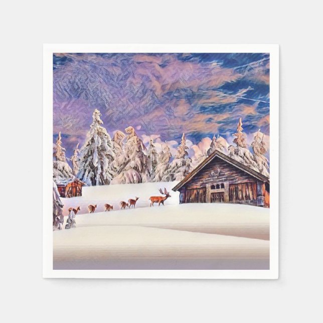 Winter Scenery Reindeer and Log Cabin Watercolor  Napkin (Front)