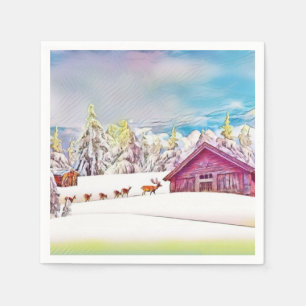 Winter Scenery Reindeer and Log Cabin Watercolor  Napkin