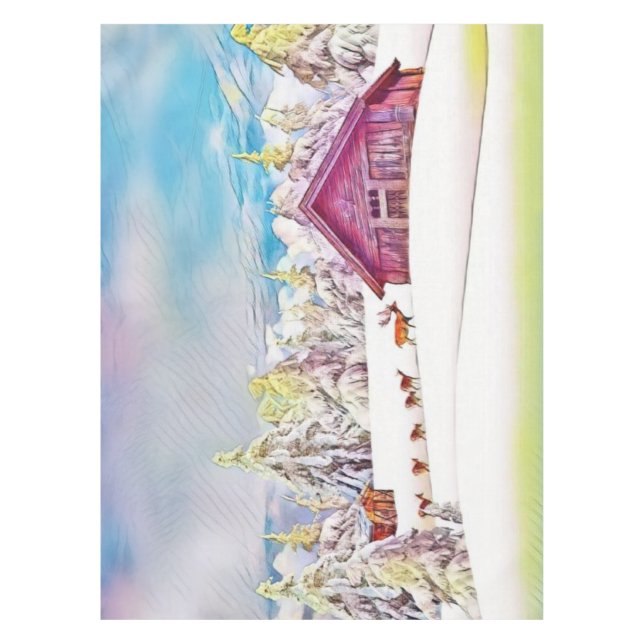 Winter Scenery Reindeer and Log Cabin Watercolor  Tablecloth (Front)
