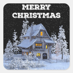Winter Scenery Snowy House Merry Christmas Holiday Square Sticker
