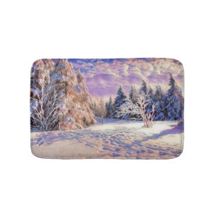 Winter scenery with snowed trees watercolor  bath mat