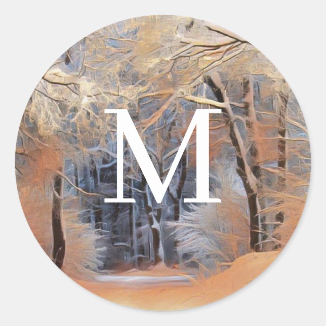 Winter scenery with snowed trees watercolor  classic round sticker (Front)