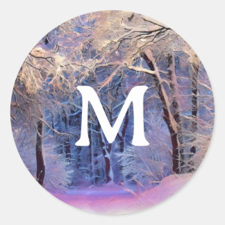 Winter scenery with snowed trees watercolor  classic round sticker