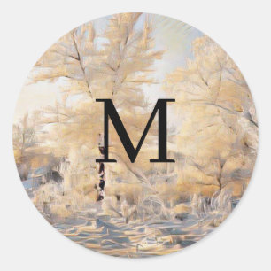 Winter scenery with snowed trees watercolor classic round sticker