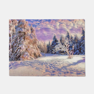 Winter scenery with snowed trees watercolor  doormat