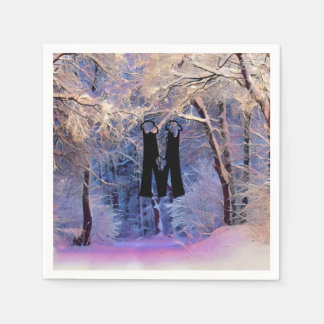 Winter scenery with snowed trees watercolor  napkin