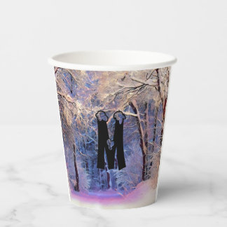 Winter scenery with snowed trees watercolor  paper cups