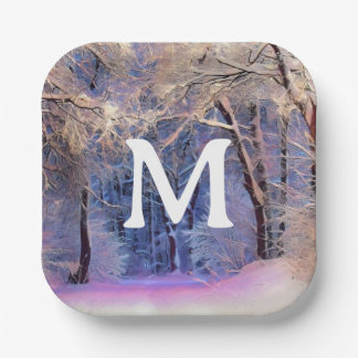 Winter scenery with snowed trees watercolor  paper plate
