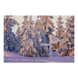 Winter scenery with snowed trees watercolor poster