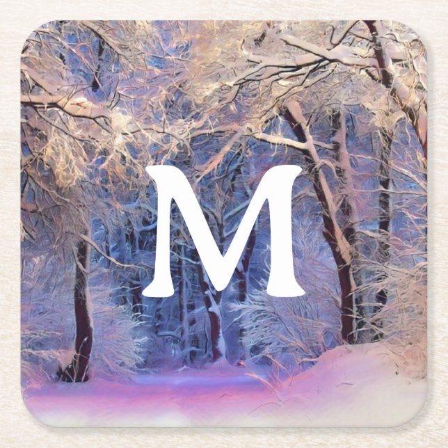 Winter scenery with snowed trees watercolor  square paper coaster (Front)