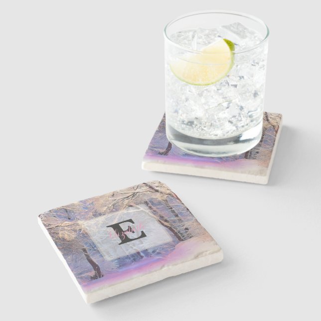 Winter scenery with snowed trees watercolor  stone coaster (Side)