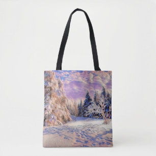 Winter scenery with snowed trees watercolor tote bag