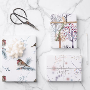 Winter Scenes Birds Trees Branches Snow Christmas Wrapping Paper Sheet