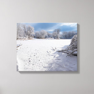 winter scenic along pond and forests of salem hill canvas print