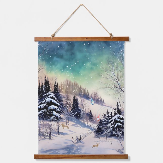 Winter Scenic Wall Tapestry Gnome Skiers and Deer (Front)