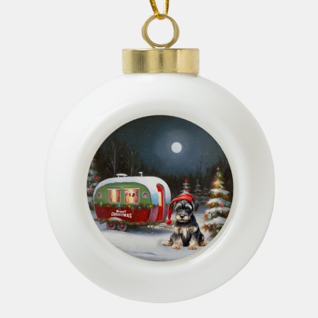 Winter Schnauzer Caravan Christmas Adventure Ceramic Ball Christmas Ornament (Front)