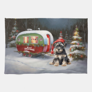 Winter Schnauzer Caravan Christmas Adventure Tea Towel