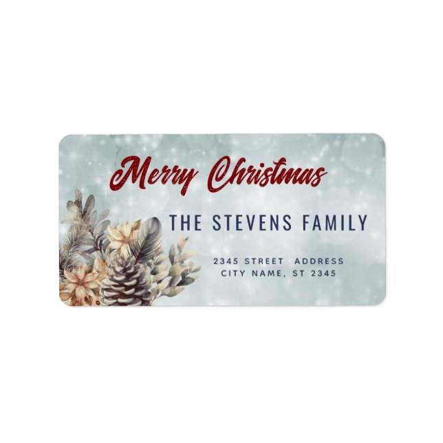 Winter script Merry Christmas pine cone floral Label (Front)