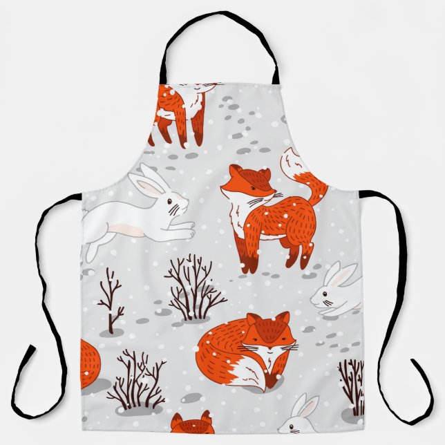 Winter seamless pattern with cute foxes and bunny. apron (Front)