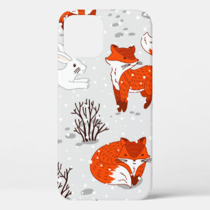 Winter seamless pattern with cute foxes and bunny. iPhone 12 case