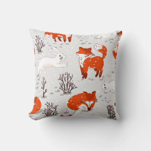 Winter seamless pattern with cute foxes and bunny. cushion