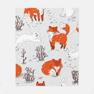 Winter seamless pattern with cute foxes and bunny. fleece blanket