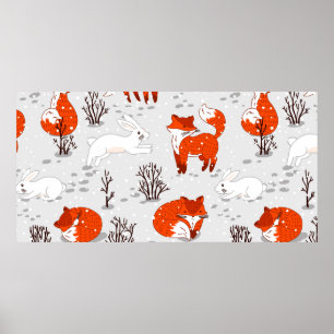 Winter seamless pattern with cute foxes and bunny. poster