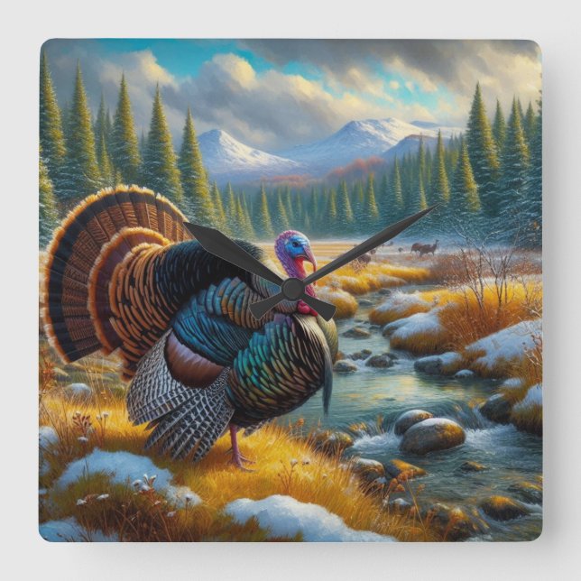 Winter Season First Snow Wild Turkey  Square Wall Clock (Front)