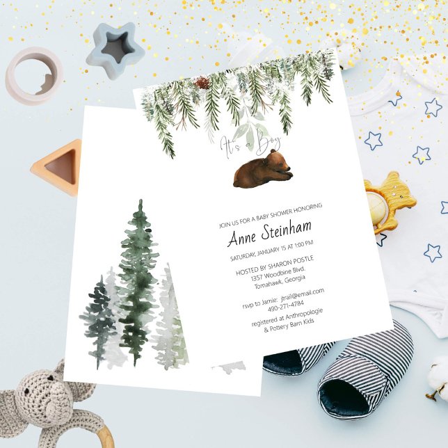 Winter Season Simple Baby Boy Shower Invitation (Simple Forest Baby Bear for a Boy's Baby Shower.)