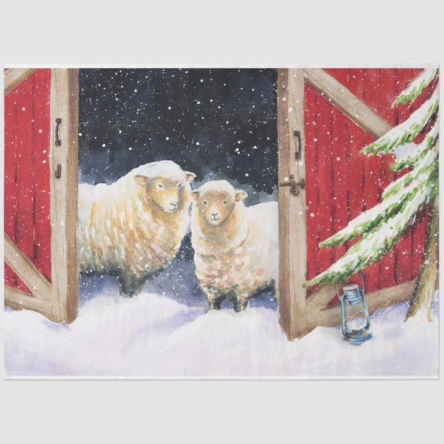 Winter Sheep in Red Barn Tissue Paper (Front)