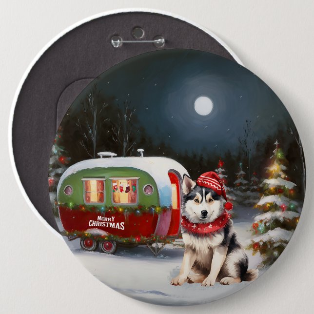 Winter Siberian Husky Caravan Christmas Adventure 6 Cm Round Badge (Front & Back)