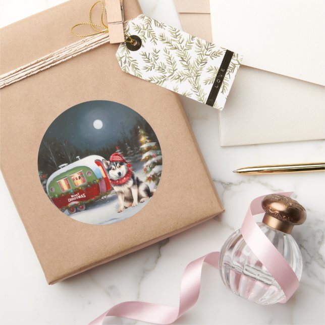 Winter Siberian Husky Caravan Christmas Adventure Classic Round Sticker (Gifting)