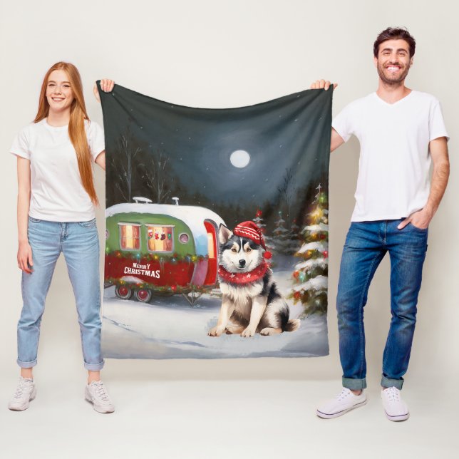 Winter Siberian Husky Caravan Christmas Adventure Fleece Blanket (In Situ)