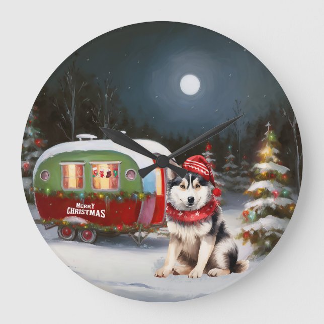 Winter Siberian Husky Caravan Christmas Adventure Large Clock (Front)