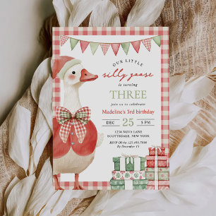 Winter Silly Goose Christmas Gingham 3rd Birthday Invitation