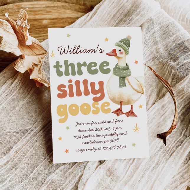 Winter Silly Goose Christmas Green 3rd Birthday Invitation (Creator Uploaded)