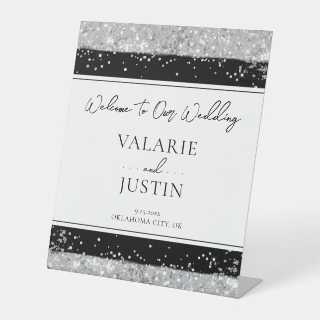 Winter Silver and Black Glitter Wedding Welcome Pedestal Sign (Front)