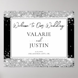 Winter Silver and Black Glitter Wedding Welcome Poster