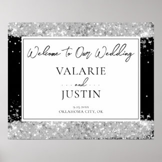 Winter Silver and Black Glitter Wedding Welcome Poster