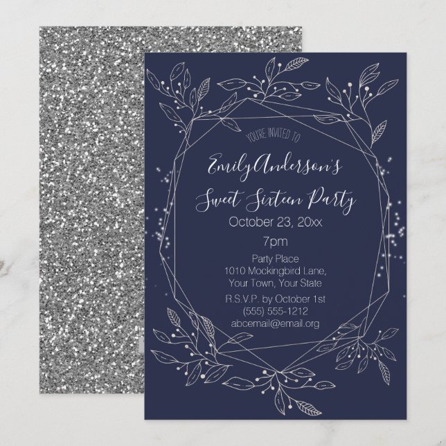 Winter Silver Blue Floral Sweet 16 Birthday Invitation (Front/Back)
