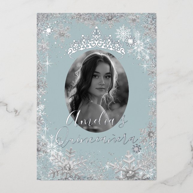 Winter Silver Blue Snowflake Photo Quinceanera (Front)