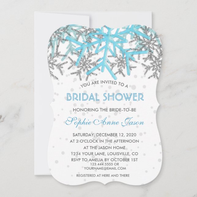 Winter Silver Blue Snowflakes Bridal Shower Invitation (Front)