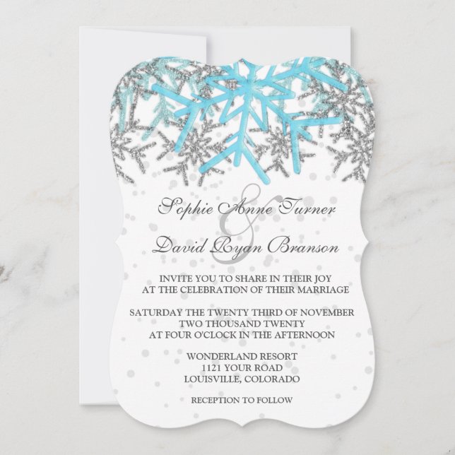 Winter Silver Blue Snowflakes Wedding Invitation (Front)