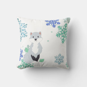 Winter Silver Fox blue snowflakes pattern on white Cushion